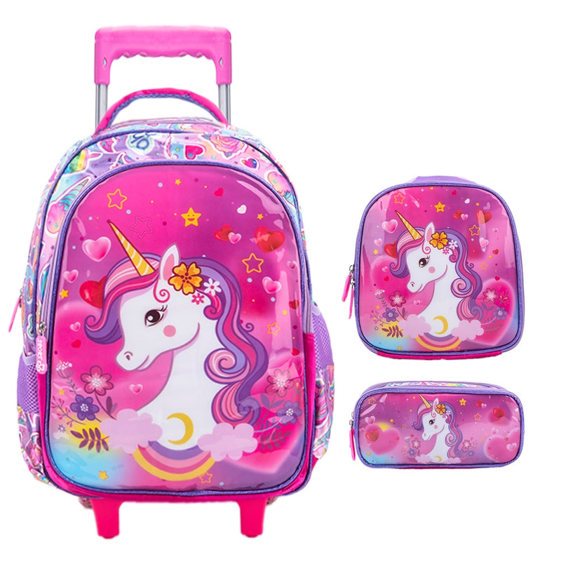 Mochila Escolar - Infantil de Rodinhas Menina e Menino - Bolsa Resistente Impermeável Com Lancheira e Estojo KIT2025