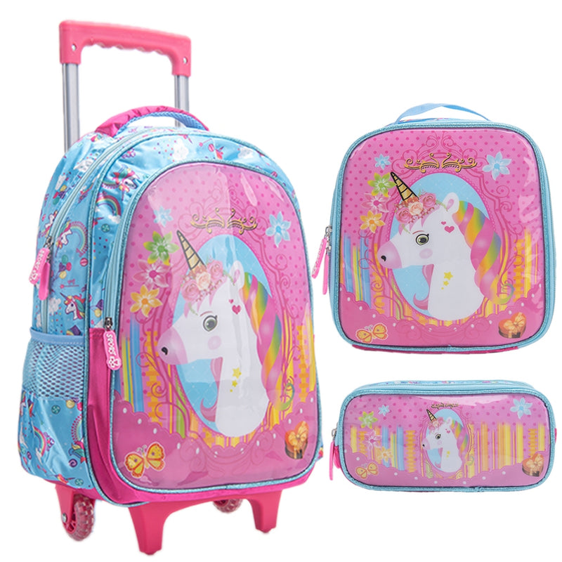 Mochila Escolar - Infantil de Rodinhas Menina e Menino - Bolsa Resistente Impermeável Com Lancheira e Estojo KIT2025